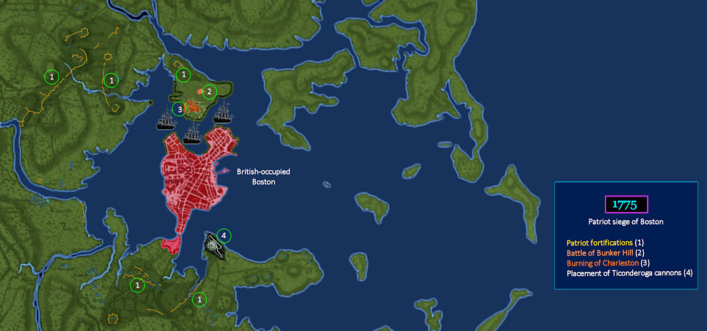 Patriot siege of Boston, 1775 map